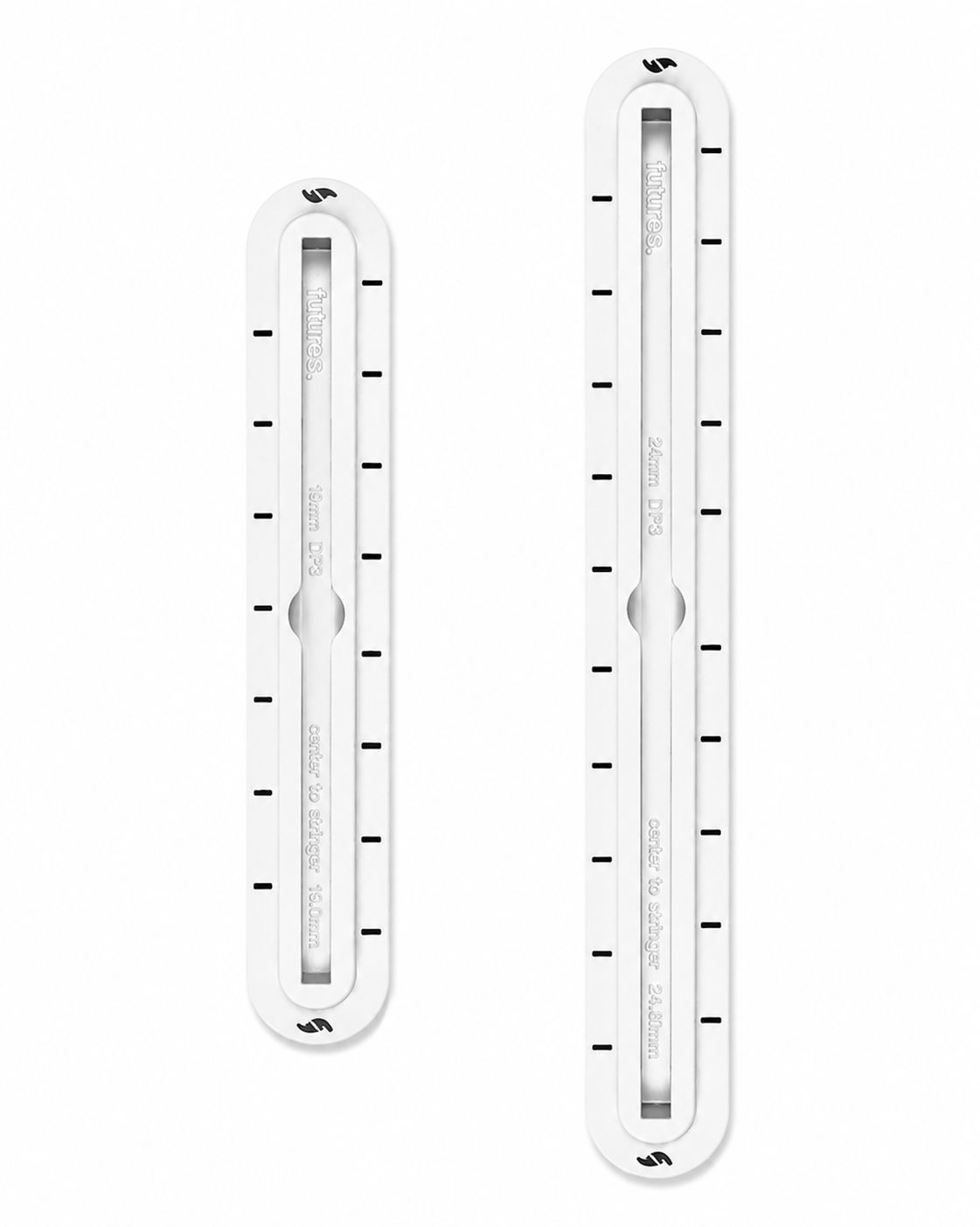 White Futures 1-Shot center boxes in 8-inch and 10.75-inch lengths for longboards, SUPs, and foil boards
