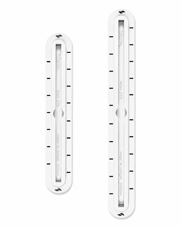 White Futures 1-Shot center boxes in 8-inch and 10.75-inch lengths for longboards, SUPs, and foil boards