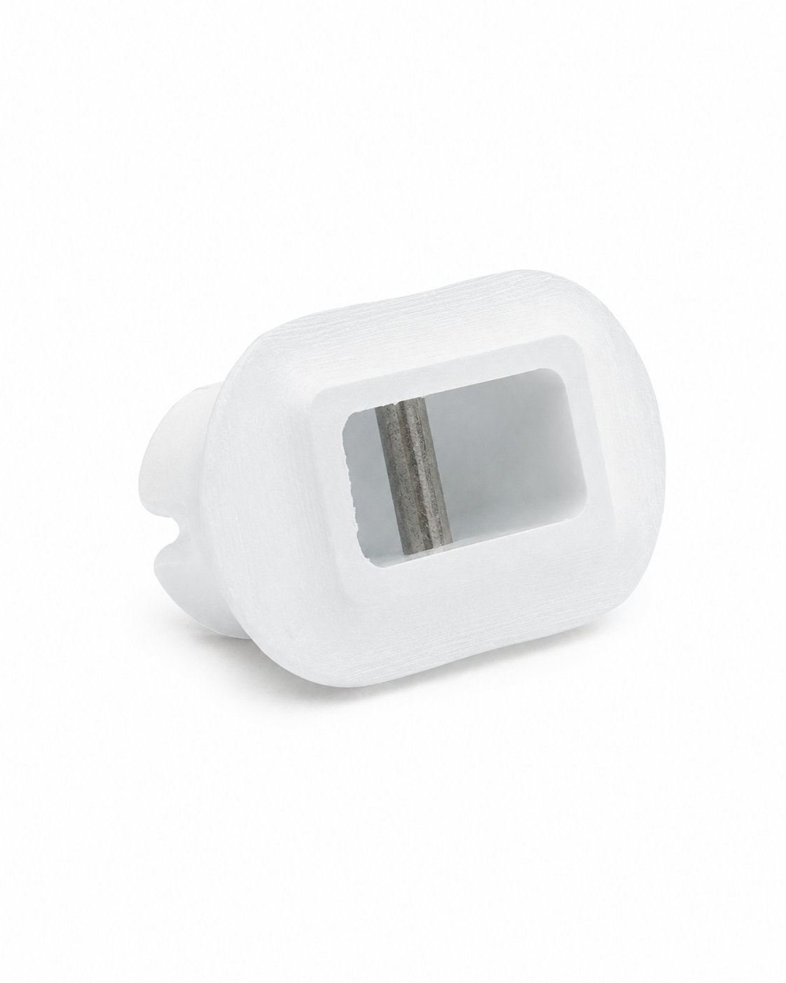 Genuine white Futures pre-laminate surfboard leash plug with an integrated flange and stainless steel cross pin