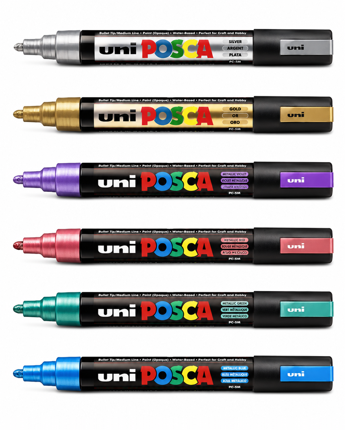 POSCA PC-5M Metallic 6 pen set for surfboard artwork and custom designs. Water-based medium tip paint markers in six metallic colors.