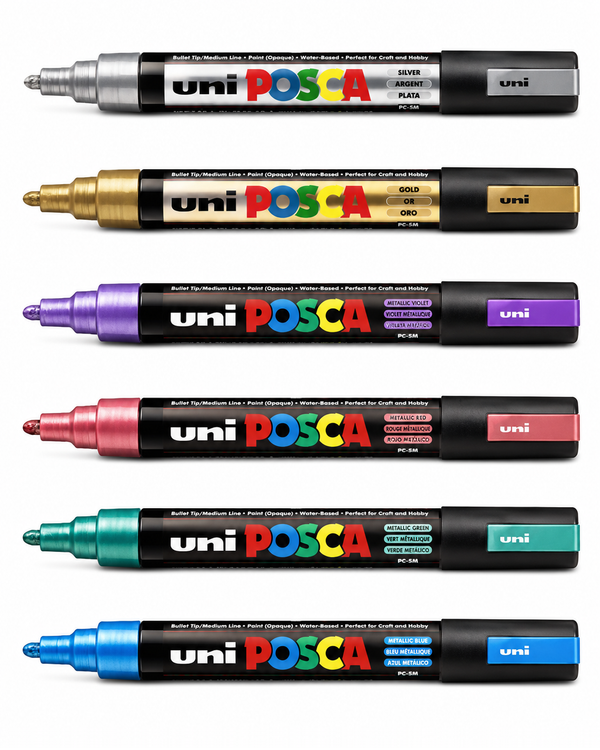 POSCA PC-5M Metallic 6 pen set for surfboard artwork and custom designs. Water-based medium tip paint markers in six metallic colors.