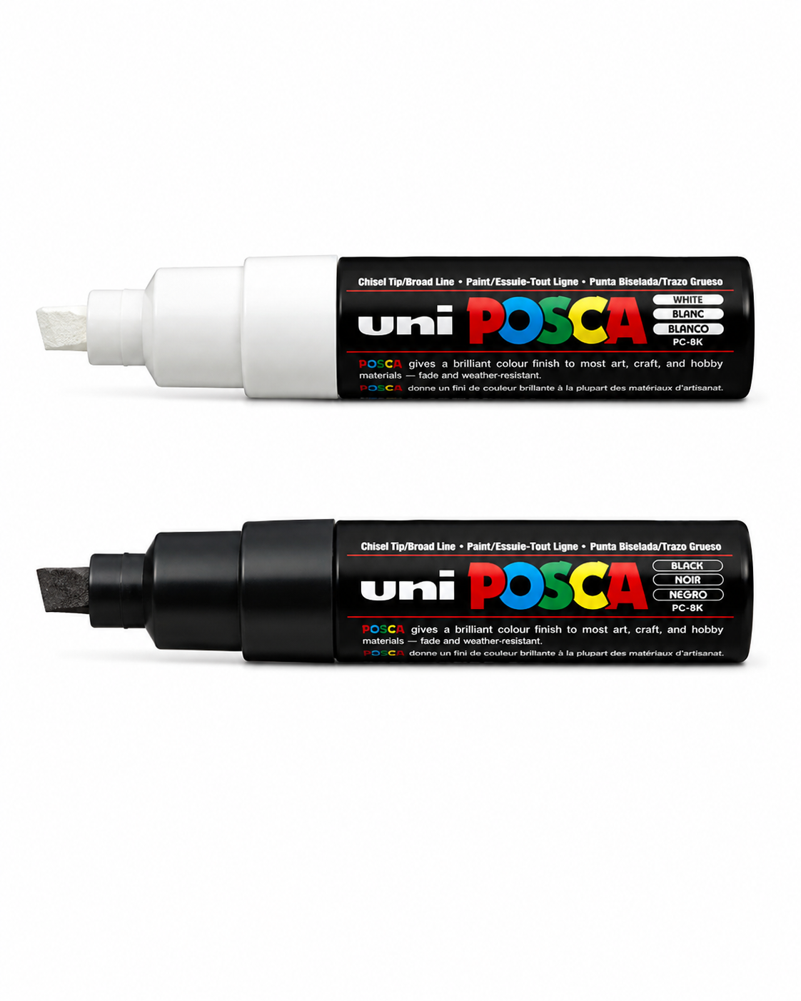 Black and white POSCA PC-8K broad tip paint markers for surfboard artwork and large graphics