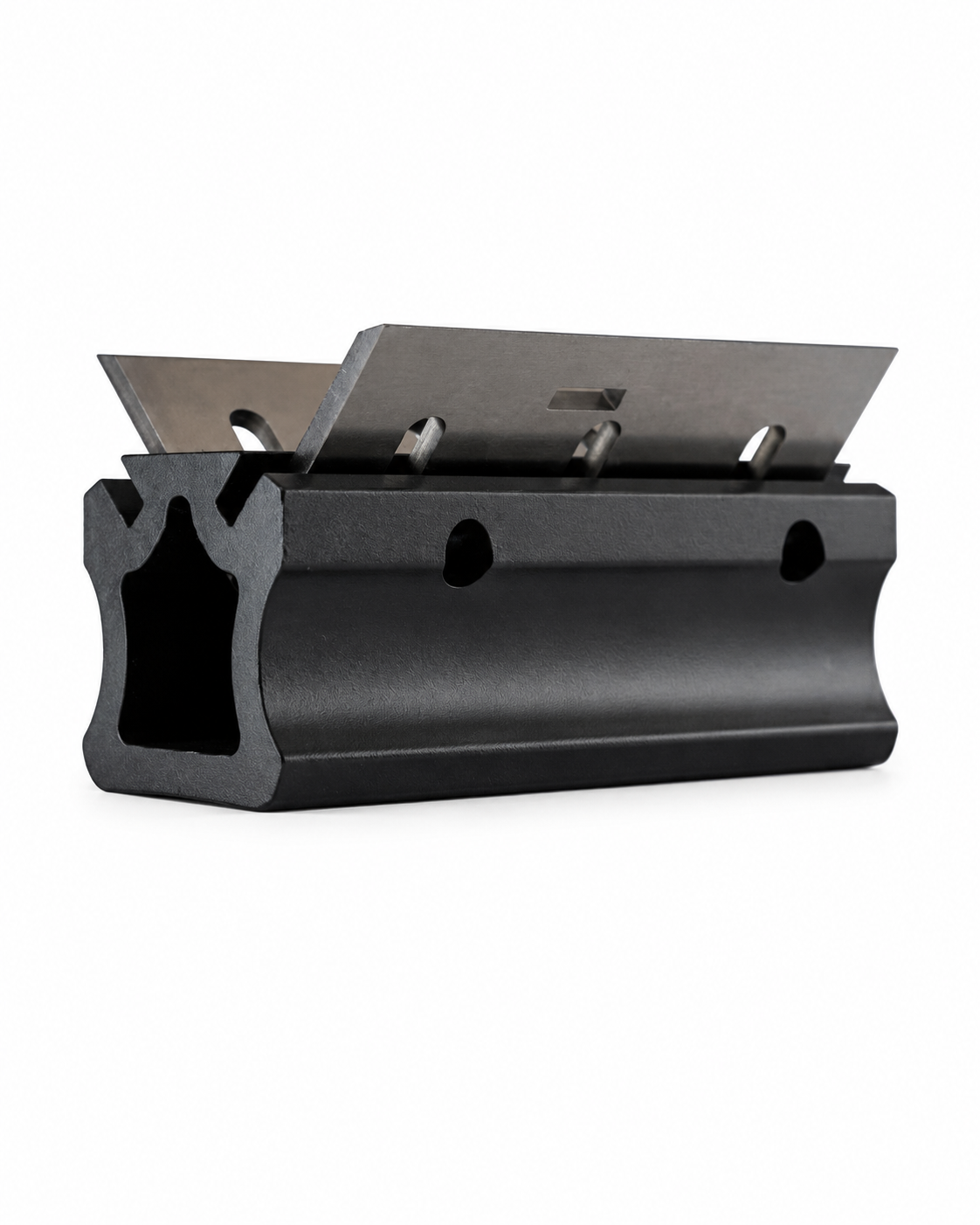 Bottom view of aluminum planer blade sharpening jig showing machined construction