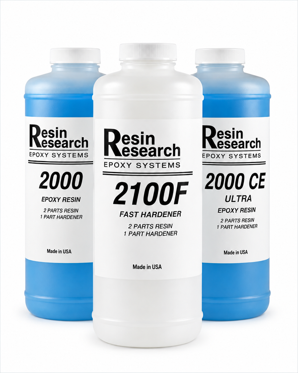 Resin Research 2000 CE epoxy resin for surfboard building. Optical brighteners produce bright white laminations on EPS surfboards.