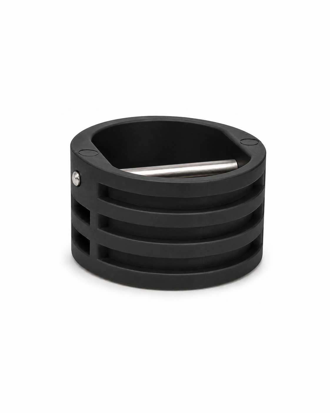 Large black surfboard leash plug with stainless steel bar