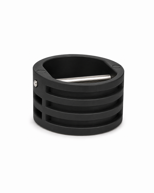 Large black surfboard leash plug with stainless steel bar