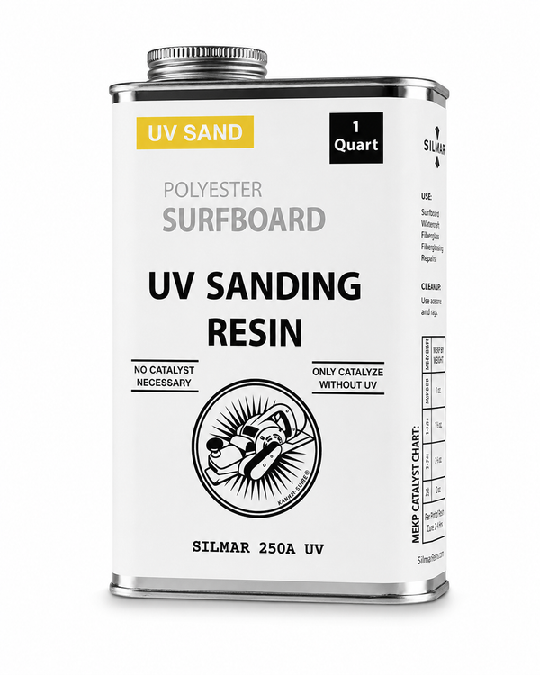 Silmar 250A UV polyester sanding resin for surfboard hot coats and ding repairs with UV cure system