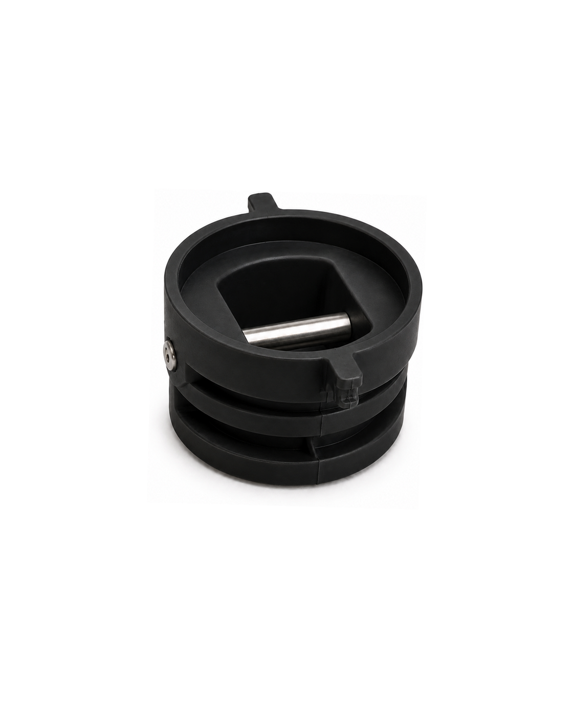Small black surfboard leash plug with stainless steel bar
