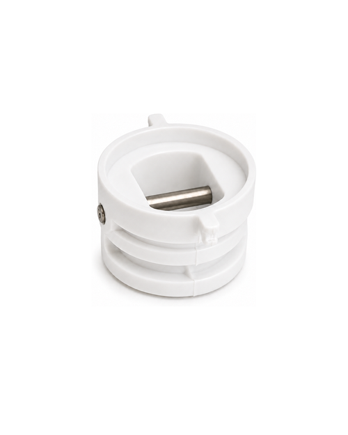 Small white surfboard leash plug with stainless steel bar