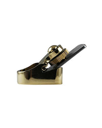Side view of brass finger plane with adjustable blade for surfboard stringer work