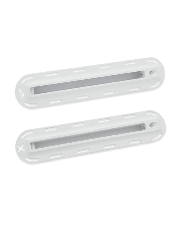Genuine white Futures ILT 3/4" (F) and 1/2" (X) surfboard fin boxes with stainless steel fin screws