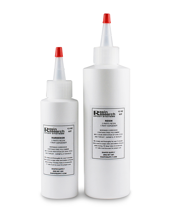 Resin Research 12 oz Epoxy Ding Repair Kit with epoxy resin and hardener for repairing larger epoxy surfboard dings, SUPs, foil boards, and composite laminates.