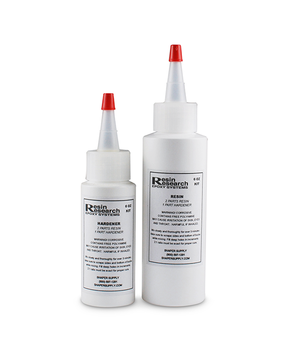 Resin Research 6 oz Epoxy Ding Repair Kit with epoxy resin and hardener for repairing epoxy surfboards, SUPs, foil boards, and composite laminates.