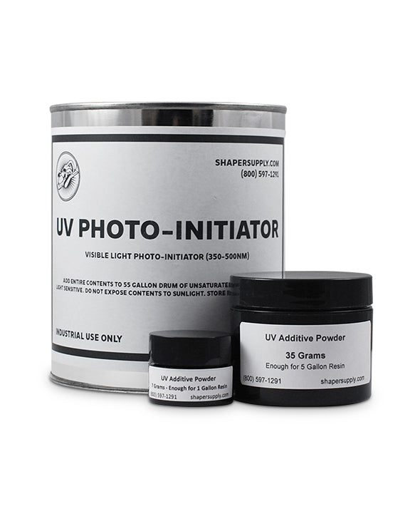 UV catalyst powder photo initiator for polyester resin enabling sunlight curing for surfboard lamination and repair applications